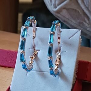 Blue Gemstone Gold Hoop Earrings